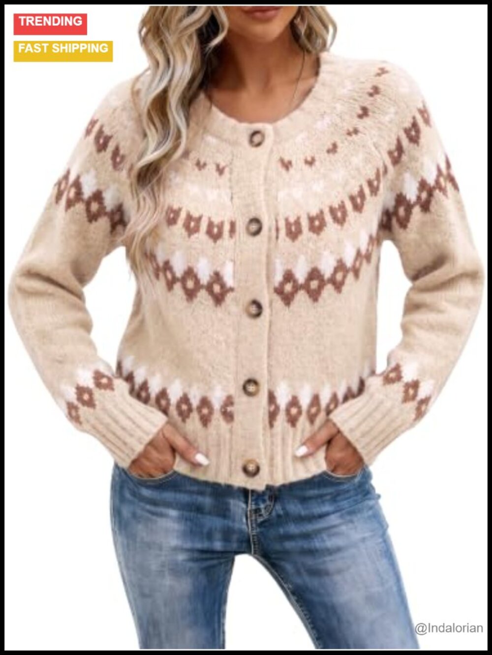 Fair Isle Cropped Button Up Knit Cardigan Sweater Coat Crewneck Long Sleeve